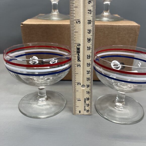 VTG Clear Glass Sherbet Dessert Bowls Footed Dishes Red White Blue Accent Rims - Picture 7 of 9